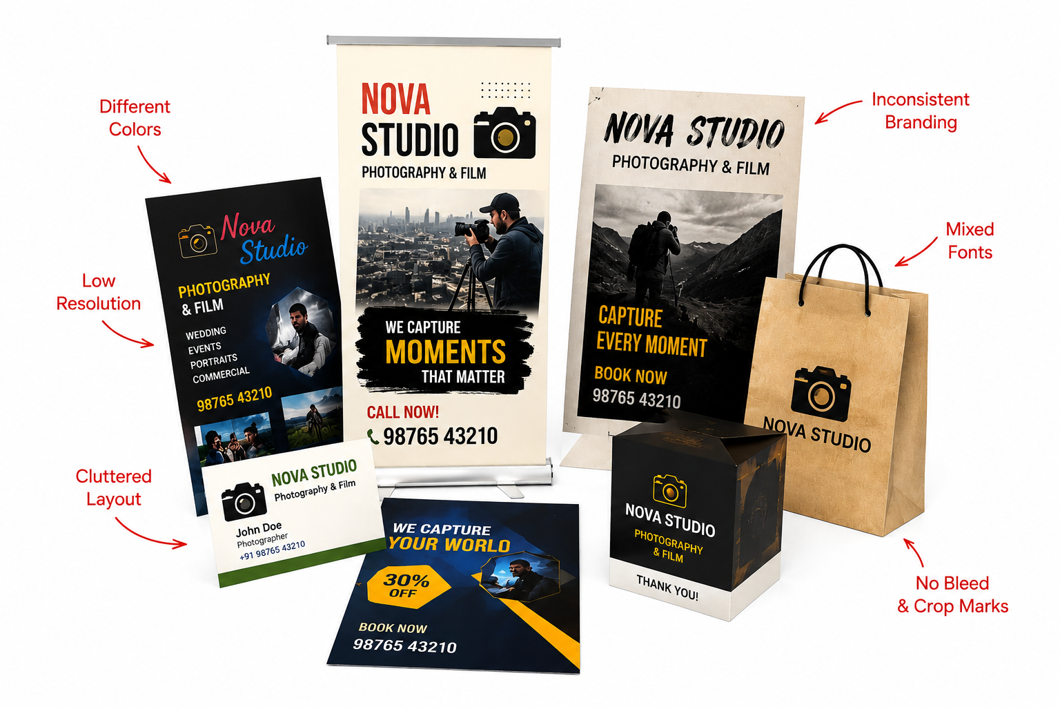 Traditional printing — cluttered, inconsistent designs
